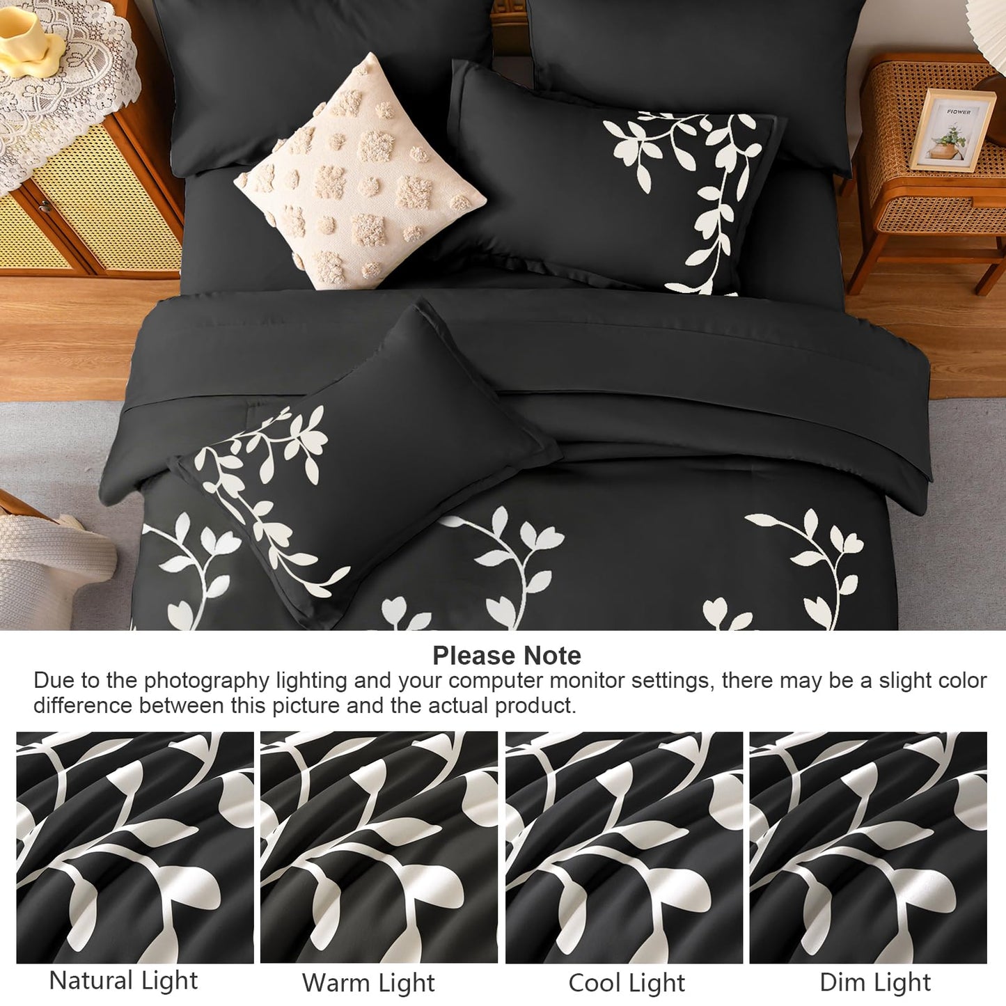 METAHOTS King Size Comforter Set - 7 Pieces White Floral Botanical Printed on Black King Comforter Set with Sheets, Soft Lightweight Microfiber Bedding Set for All Season(104"X90")
