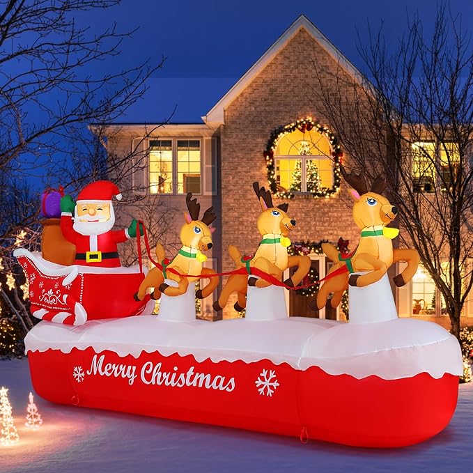COOLWUFAN 10 FT Christmas Inflatables Outdoor Decorations Santa Claus on Sleigh, Blow Up Cute Elks Pulling Santa's Inflatable Yard Decoration with Lights for Christmas Party, Outdoor, Garden Lawn