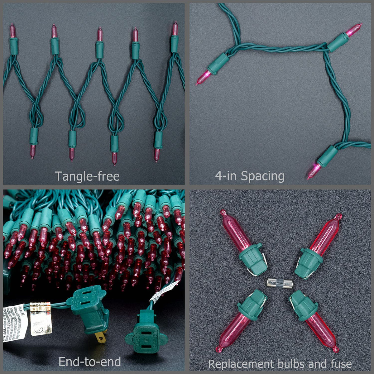 YULETIME 200 Pink LED Christmas Lights, 66 ft Green Wire UL String Light