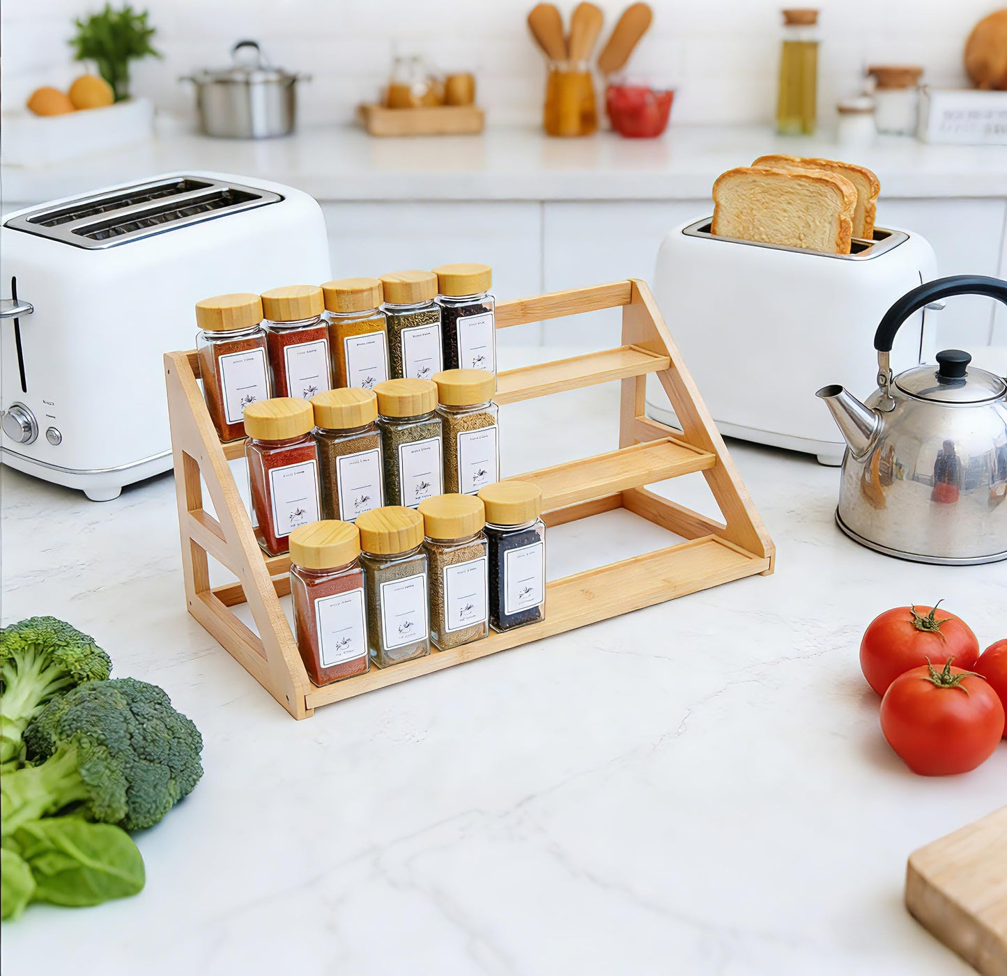 Rasydyn Bamboo Tier Spice Rack Organizer: 17.5 Inch Wide Kitchen Cabinet Countertop Spice Jar Organizer for Home Organization