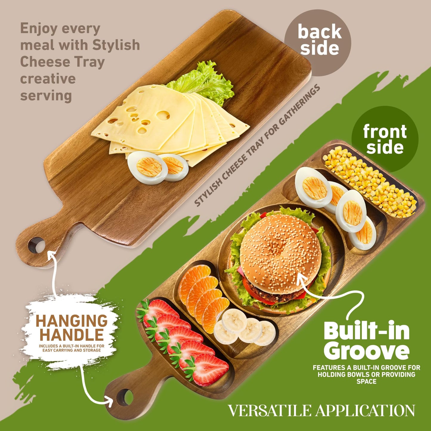 Reversible Acacia Wood Serving Platter with Handle – Premium Wooden Tray for Charcuterie, Crackers, Cheese, Fruit, Veggies, Appetizers & Snacks – Party Serving Tray & Travel Charcuterie Board
