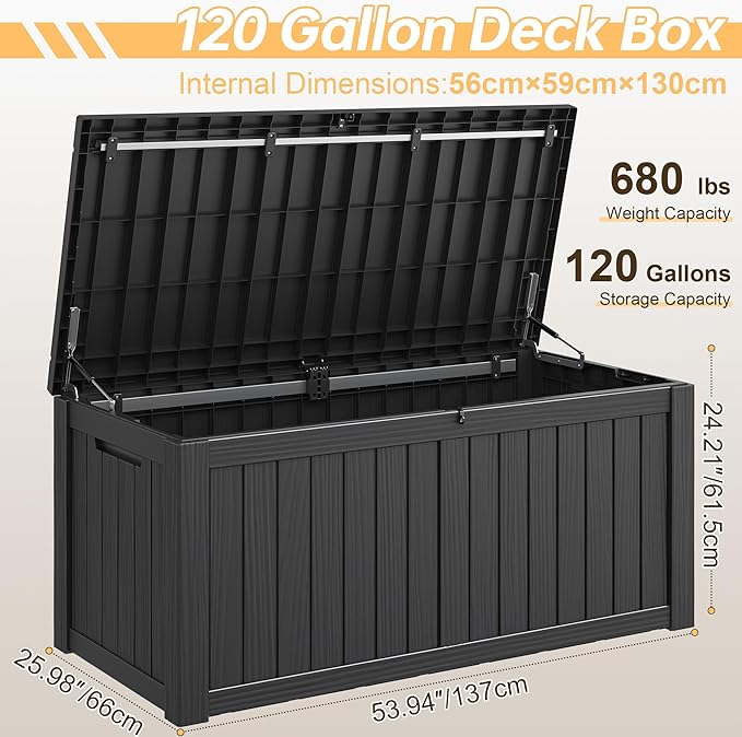 Outdoor Storage Box, Resin Deck Boxes Indoor and outdoor, Waterproof Storage Box Lockable Lid (Black, 120 Gallon)