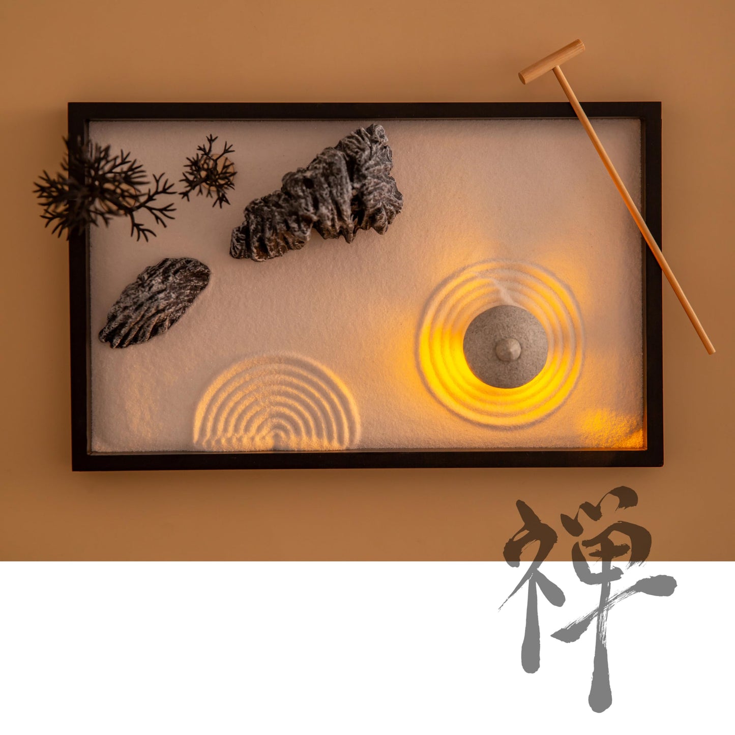 Cularve Illuminated Zen Garden for Desk, Sand Tray Therapy Kit with Glowing Stone Lantern, Japanese Zen Garden Kit, Stress Relief Gifts, Desk Decoration.