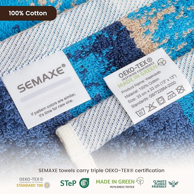 SEMAXE 100% Cotton Washcloths 12-Pack, 13 × 13 Inch Soft Luxury Face Towels –