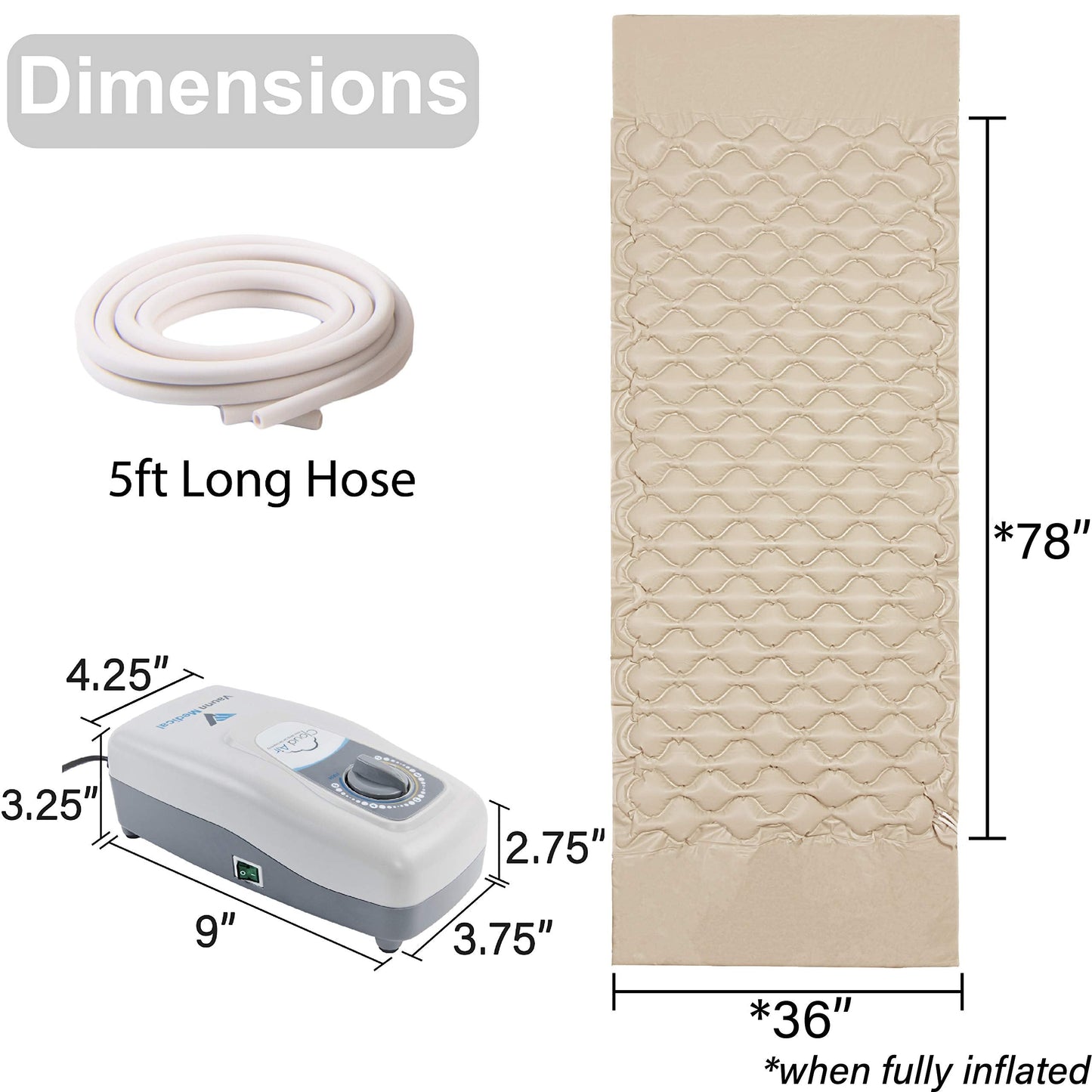 Vaunn Medical Cloud Air Whisper Quiet Alternating Air Pressure Mattress Topper with Pump Twin Size 36" x 78" x 3"