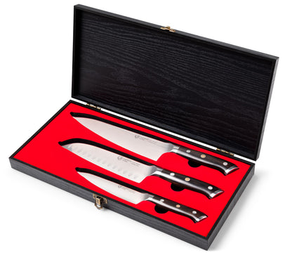 3-Piece Professional Kitchen Knife Set – Full Tang, Ultra-Sharp German 1.4116 High Carbon Stainless Steel – Forged Chef Knives with Ergonomic Ebony Wood Handles – Includes Premium Wooden Gift Box.