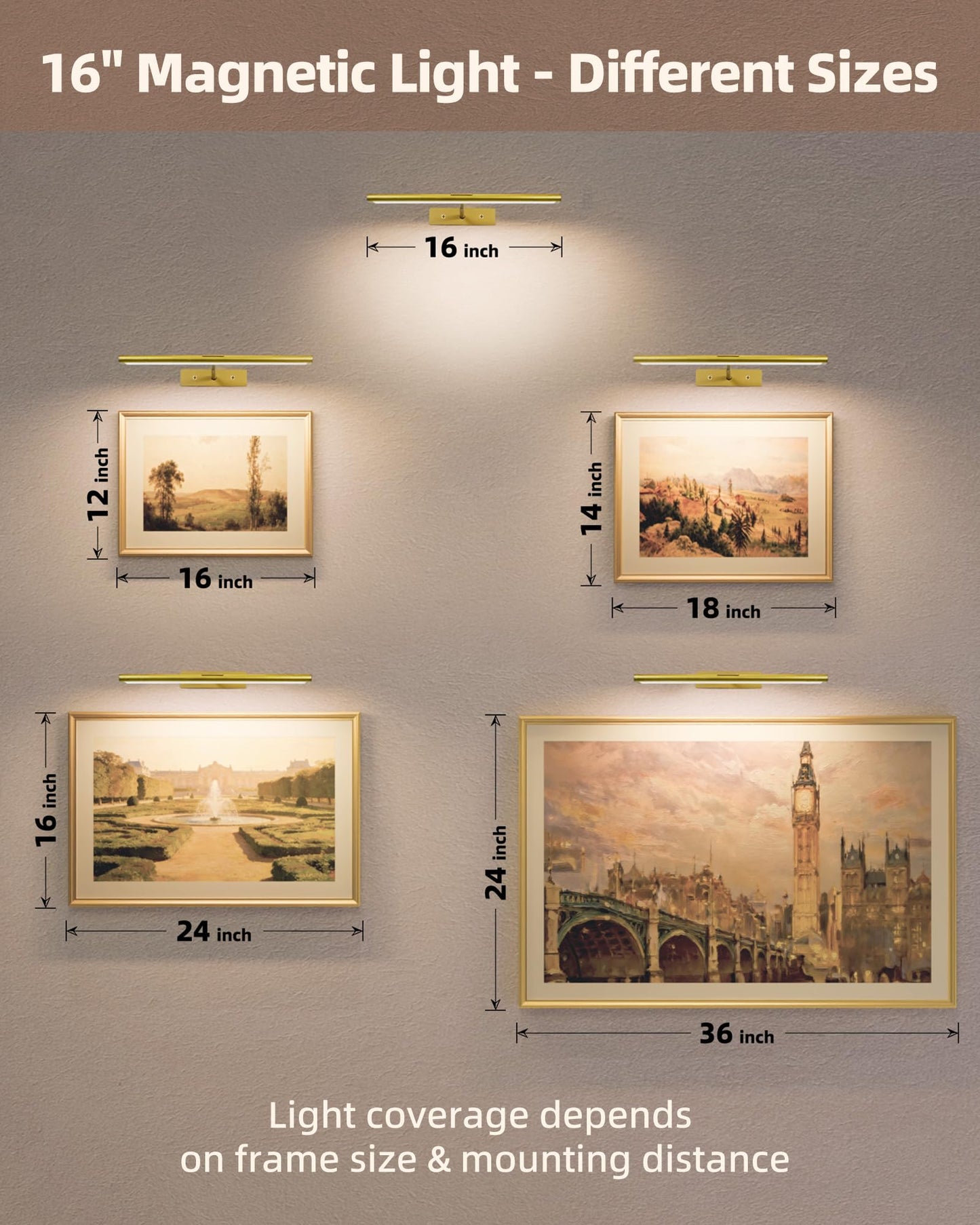 EZVALO Picture Light for Wall, 4800mAh Rechargeable Wireless Remote, Dimmable Magnetic LED Art Display Light with 3 Color Temperatures, for Gallery, Living Room, Bedroom, Hallway (Gold-2Pack)