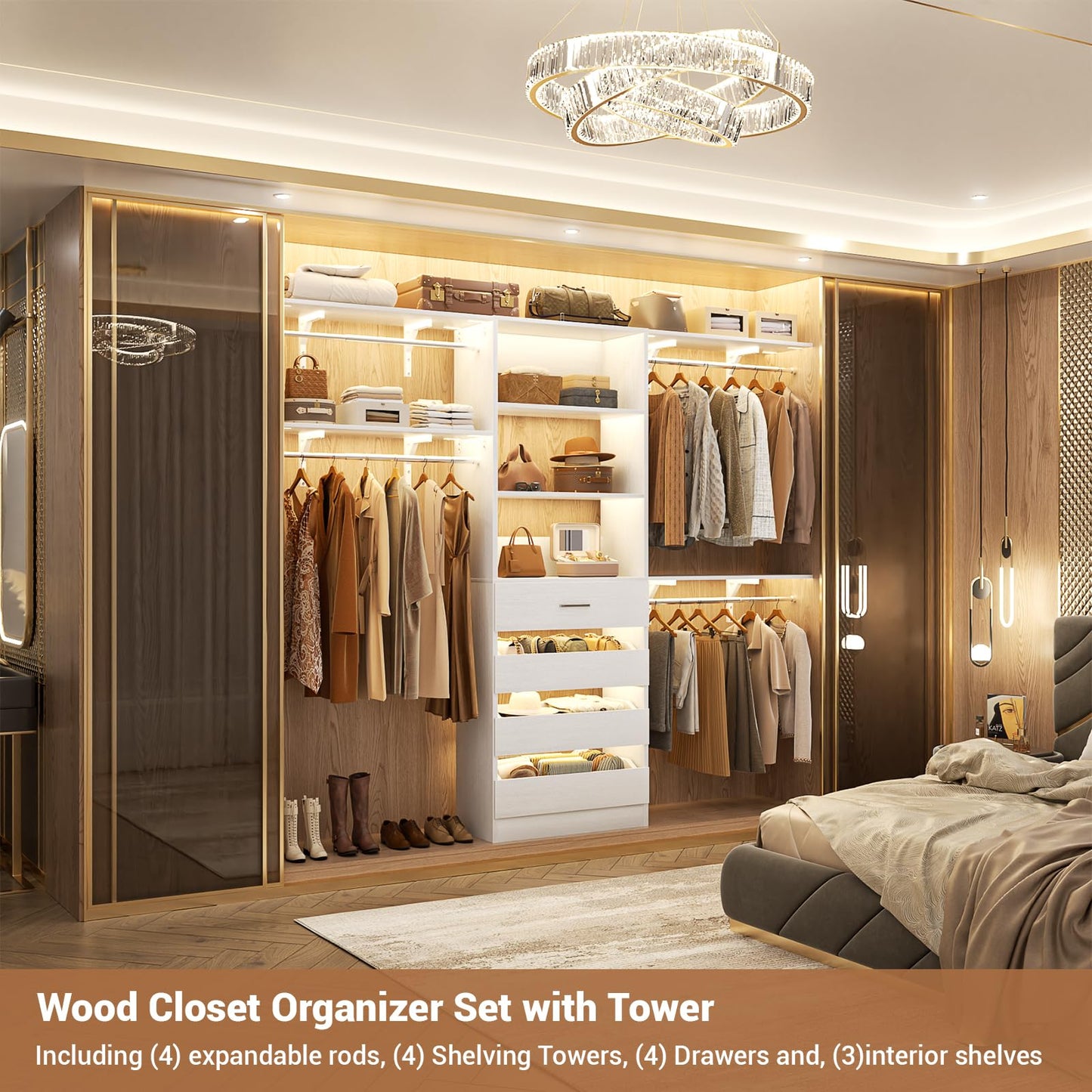 Aheaplus Closet System with 4 Drawers, 8FT Wood Closet Organizer System, 96’’ Closets Built In System Tower with Shelves, Walk-in Closets Wardrobe Clothes Garment Rack, Fits Spaces 4-9 ft, White
