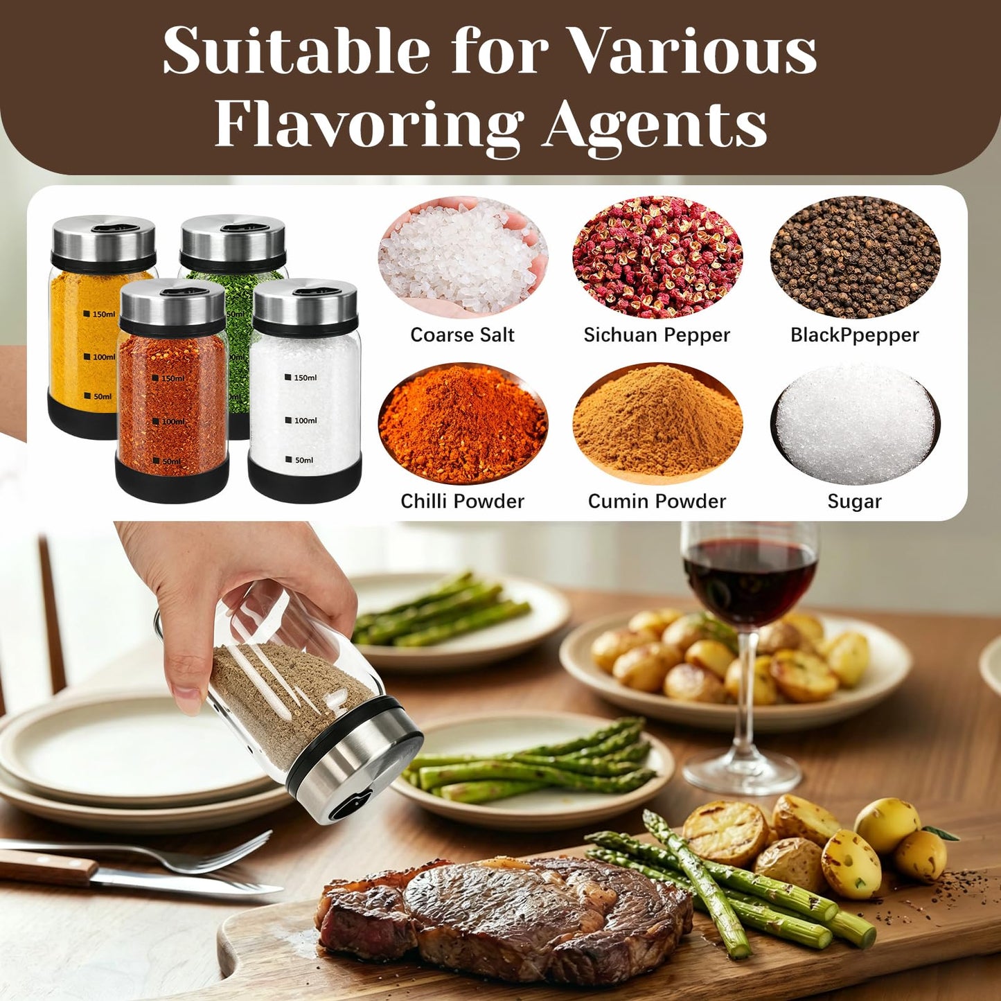WRENYZK 4 Pcs 150ml Glass Salt Pepper Shakers with 4 Silicone Holders & 1 Brush, Spice Jars with Adjustable Pour Holes, Salt Dispenser for Seasoning Kitchen
