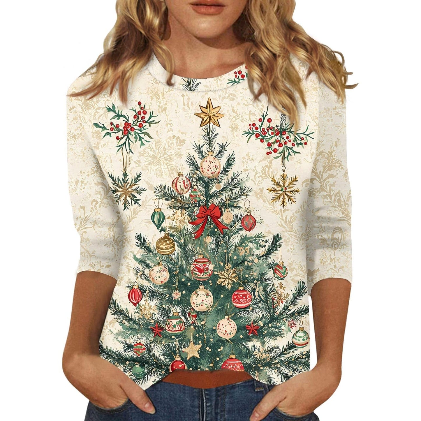 Christmas Shirts for Women 3/4 Length Sleeve Tops - Funny Christmas 2025 Crew Neck Holiday Tshirts - Plus Size Xams Tree Printed Fitted Tunic Tops Winter Clothing Khaki,L 26