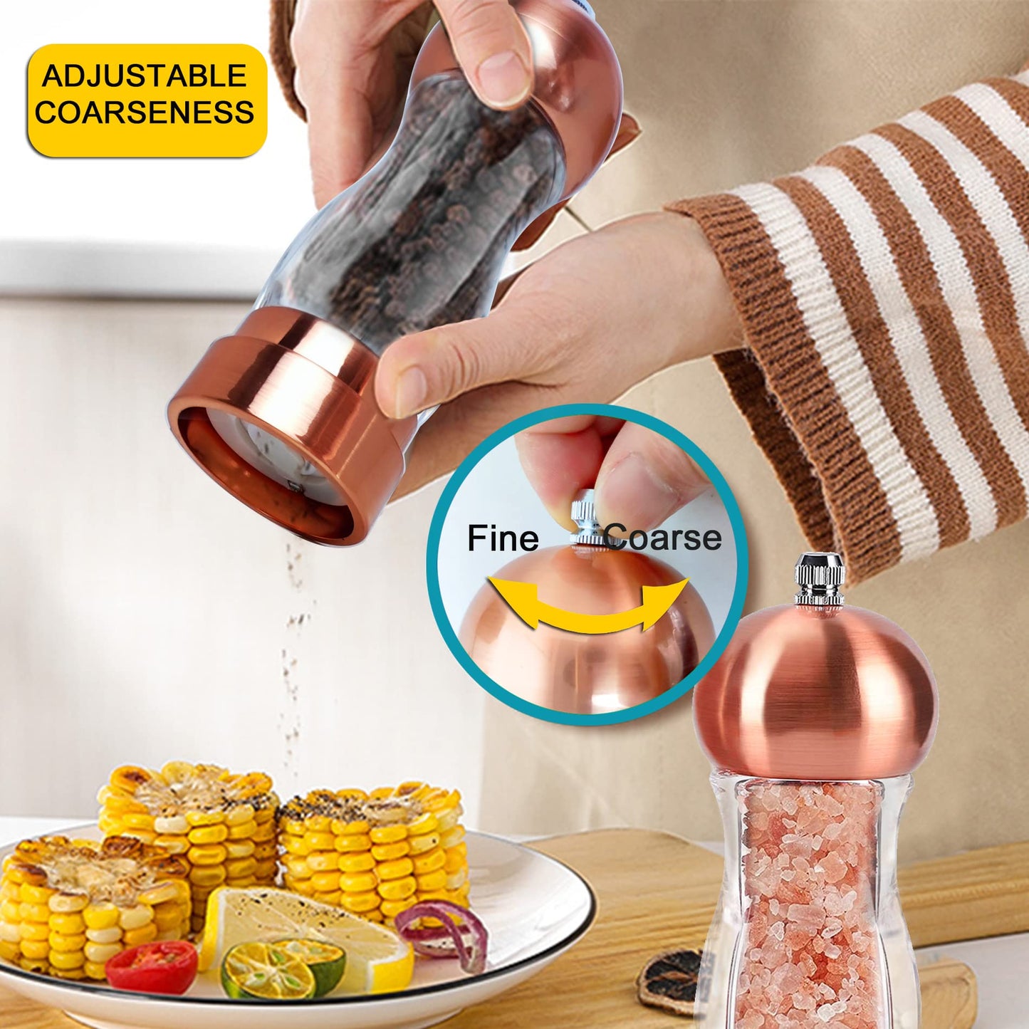 Salt and Pepper Grinder Set Classical Hand Shake Pepper Mill Set Gorgeous Salt Grinder Set Rosy, Ceramic Blades With Adjustable Coarseness, Enjoy Best Fresh Ground Pepper Sea Salts Various spices