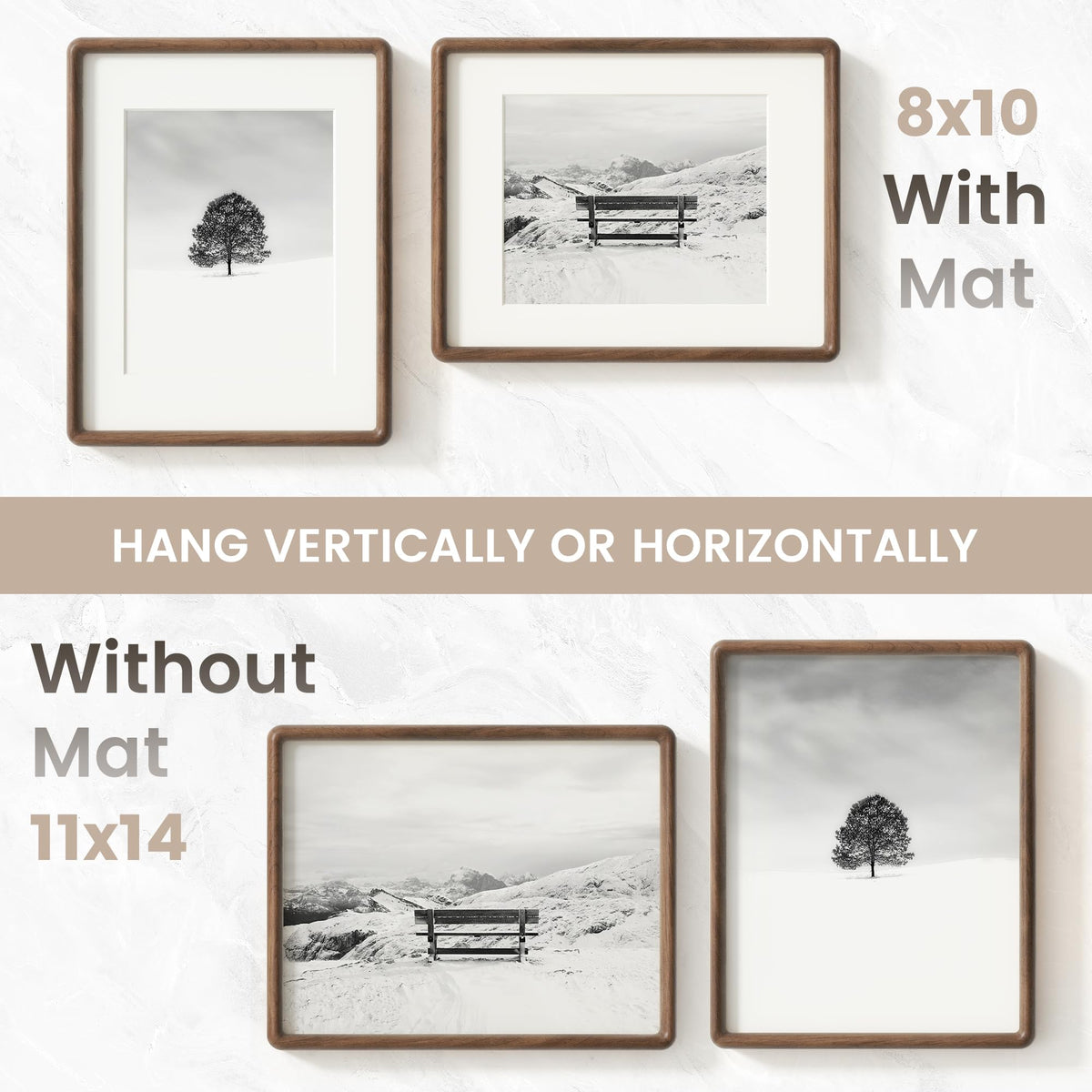 FLYJOE 11x14 Picture Frame, Natural Solid Walnut Wood Photo Frame with HD Tempered Glass, Rounded Corner Wooden Frame 11 x 14 Matted to 8x10, Horizontal or Vertical Wall Mounting