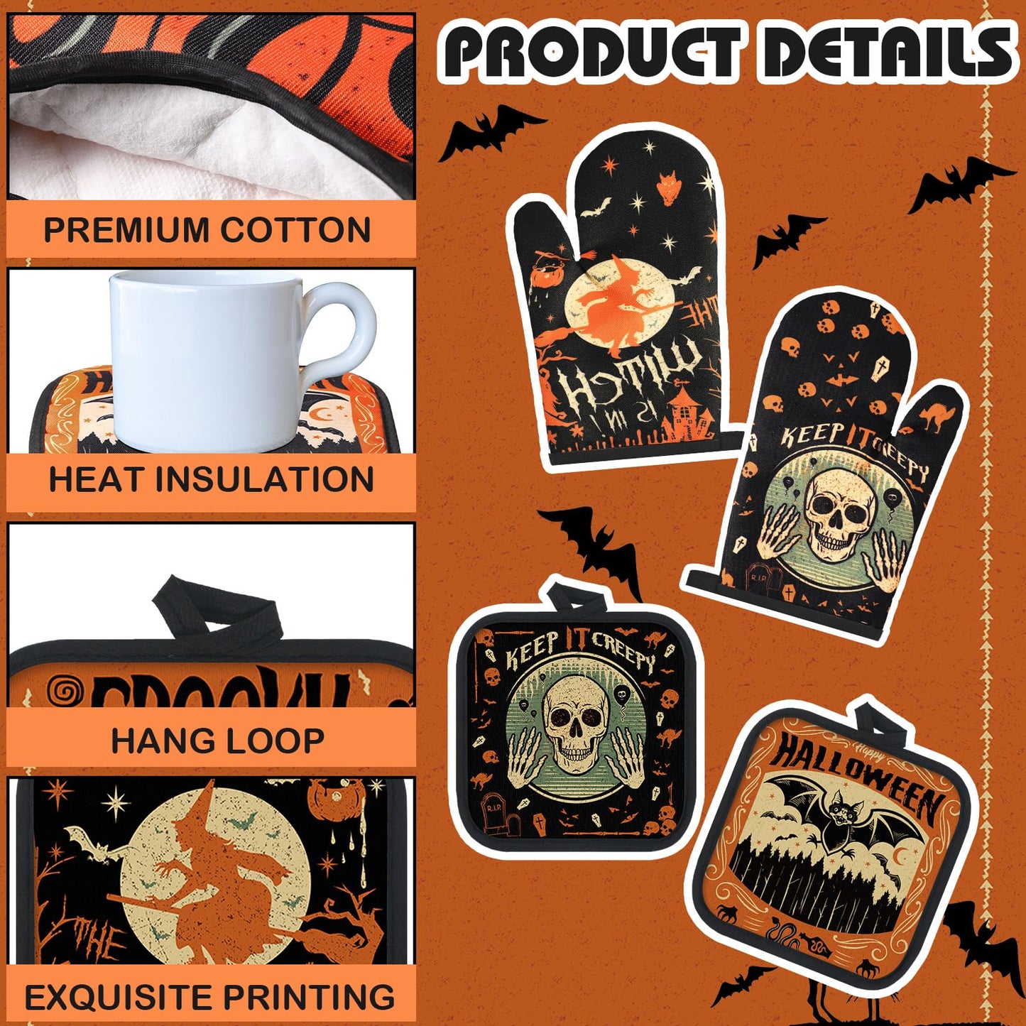 SiliFine 12 Pcs Halloween Kitchen Towels Pot Holders and Oven Mitts Set 4 Ghost Dish Towels 4 Gothic Witchy Oven Mitts 4 Spooky Pumpkin Pot Holders for Halloween Home Cooking Dish Baking Decorative