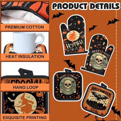 SiliFine 12 Pcs Halloween Kitchen Towels Pot Holders and Oven Mitts Set 4 Ghost Dish Towels 4 Gothic Witchy Oven Mitts 4 Spooky Pumpkin Pot Holders for Halloween Home Cooking Dish Baking Decorative
