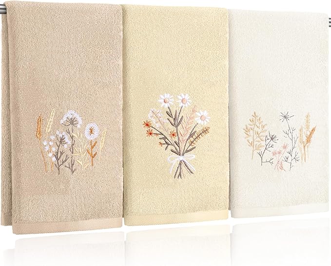 3 Pcs Boho Flowers Hand Towels Farmhouse Floral Brown Wildflowers Bathroom
