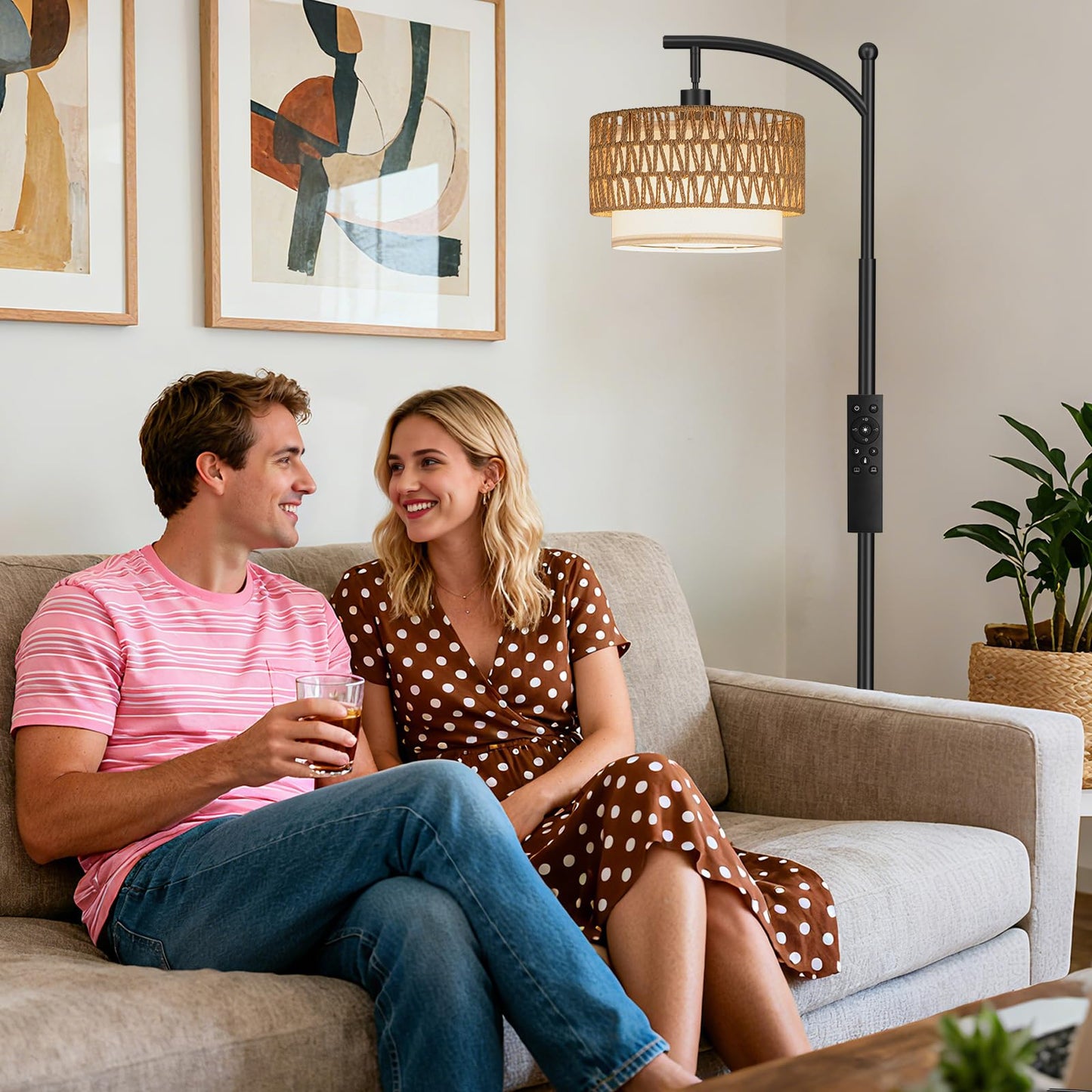 Ambimall Arc Floor Lamp for Living Room with Remote, Color Temperature & Brightness Adjustable, Boho Standing Lamp with Rattan & Fabric Double Drum Shades, Bulb Included(Black)