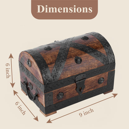 Ajuny Wooden Pirate Treasure Chest Jewelry Box – Handcrafted Vintage Keepsake Organizer with Shell Strips, Perfect for Necklaces, Earrings, and Trinkets, 9x6 Inch Gift Box