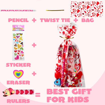JOYIN 24packs Valentines Day Stationery Gifts, 96pcs Party Favor with Pencil, Erasers, Notebook & Bags for Kids School Classroom Exchange Supplies