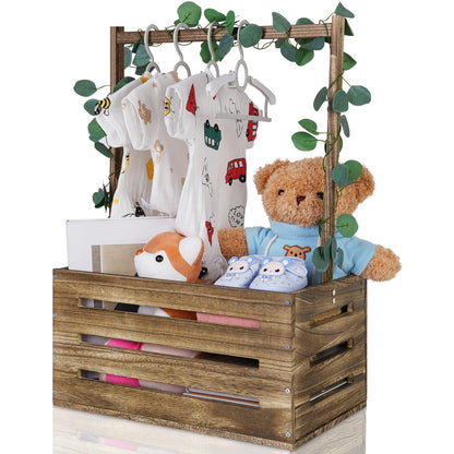 Snpwne Wooden Baby Shower Crate Closet, Baby Basket with Handle, Personalized Baby Gifts Basket, Storage Basket, Newborn Boy Girl Welcome Gift for New Mom Parents