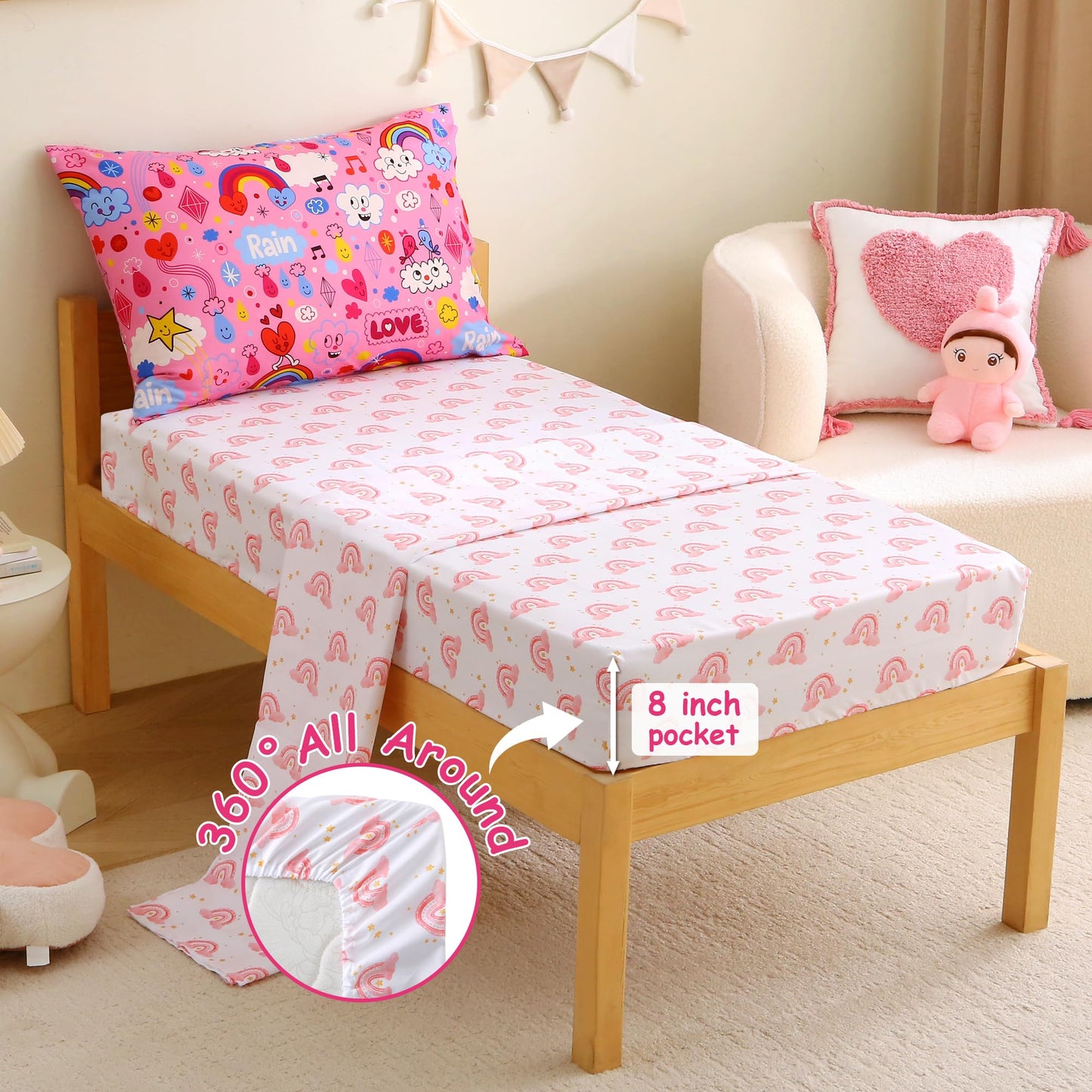 Mooreeke 4 Pieces Toddler Bedding Set - Pink Rainbow Cloud Toddler Comforter Sets for Girls, Includes Comforter, Flat Sheet, Fitted Sheet and Pillowcase, Bed in A Bag for Baby Bedroom