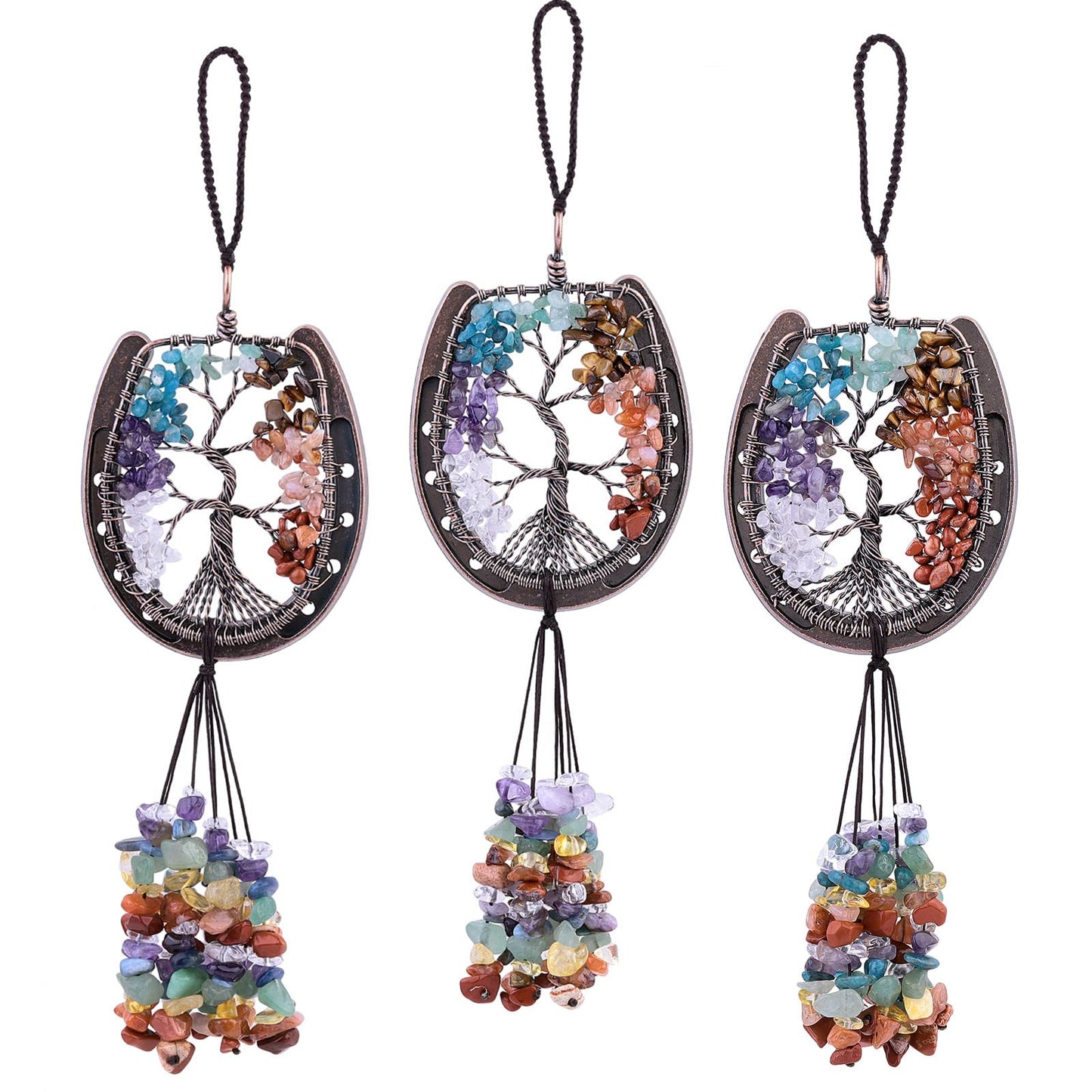 rockcloud Horseshoe with Crystals Tassel Wall Hanging Ornament, Tumbled Chips Gemstones Window Pendant for Home Office Car Meditation Decor, Mixed Stones