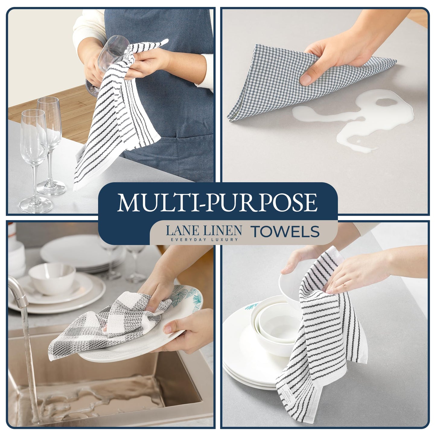 LANE LINEN Kitchen Towels and Oven Mitt Set 20 Pc - Lint Free Cotton Dish Towels for Kitchen Drying, Cozy Terry Dish Rags, Flour Sack Towels for Sourdough Bread Proofing & Quilted Pot Holders - Grey