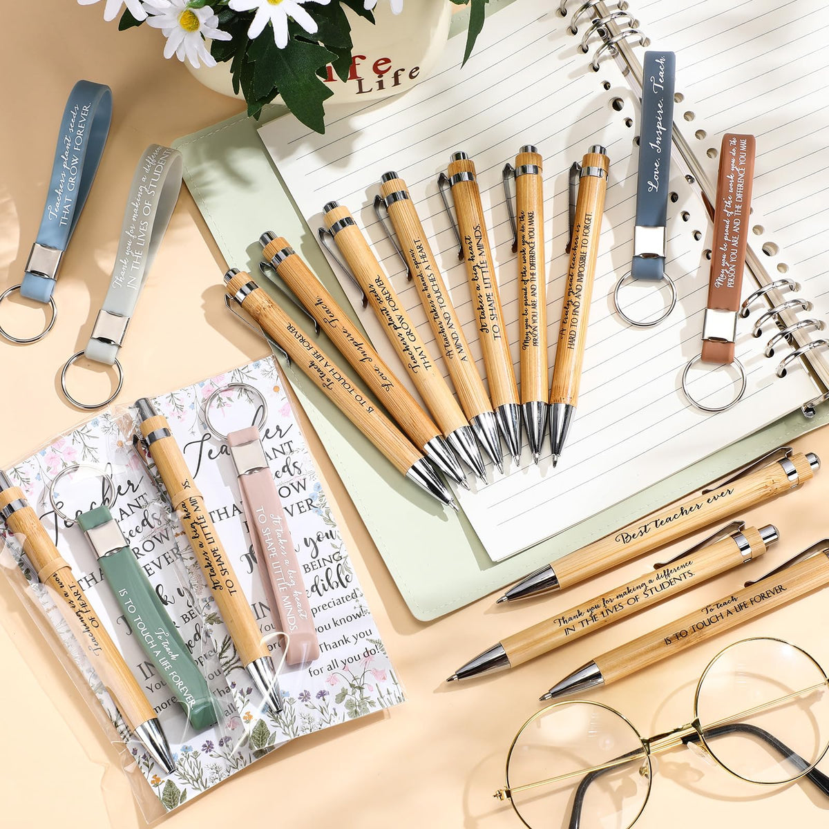 Geyoga 30 Sets Teacher Appreciation Gifts Bulk Inspirational Bamboo Pens Motivational Silicone Keychains with Thank You Cards for Employee Staff Team Teacher Appreciation Week Gifts