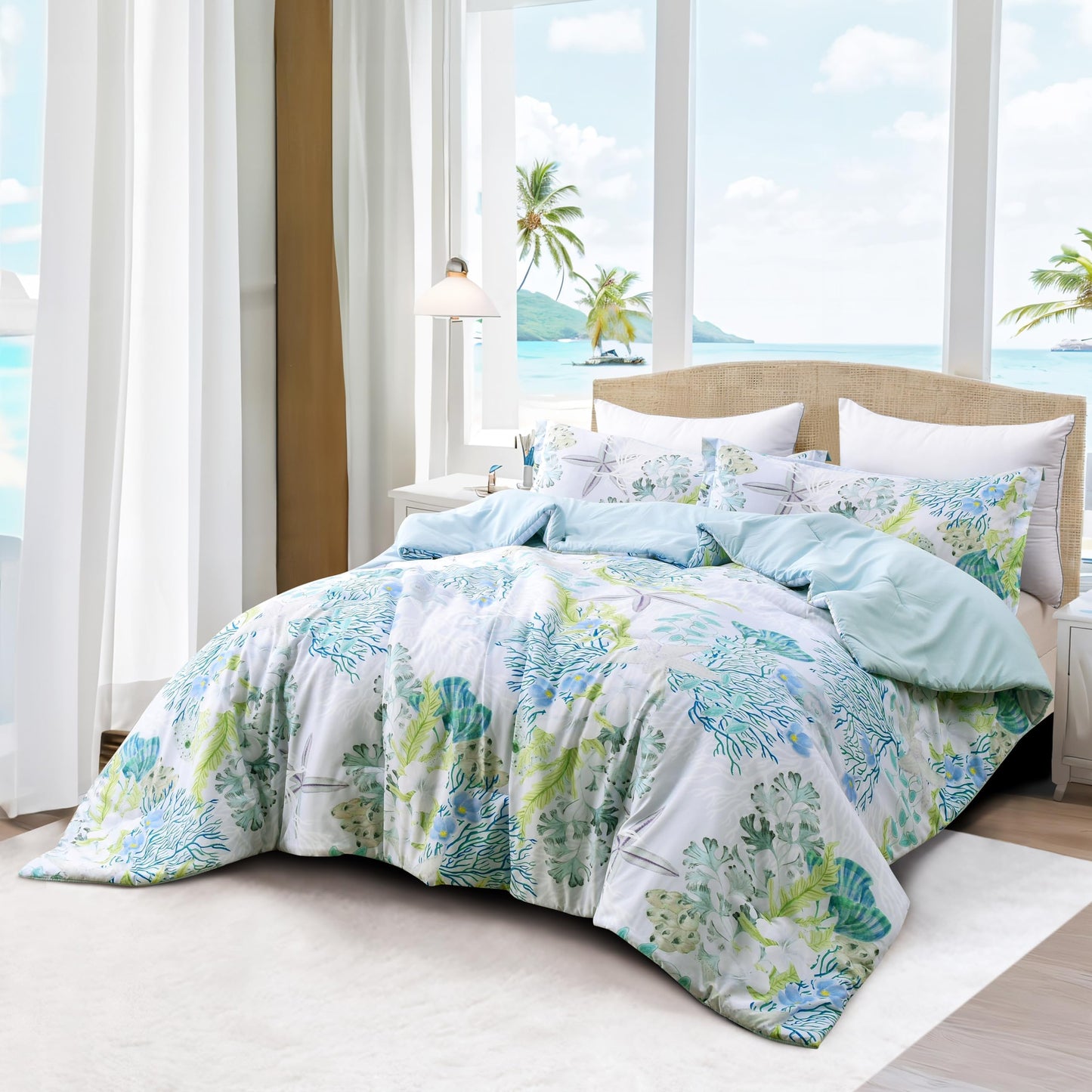 Tritard Coastal Comforter Set King Size 3 Piece, Soft Beach Themed Comforter, Ocean Nautical Lightweight Bedding Sets for All Seasons, (1 Reversible Comforter and 2 Pillow Shams), 104''x90'', C8