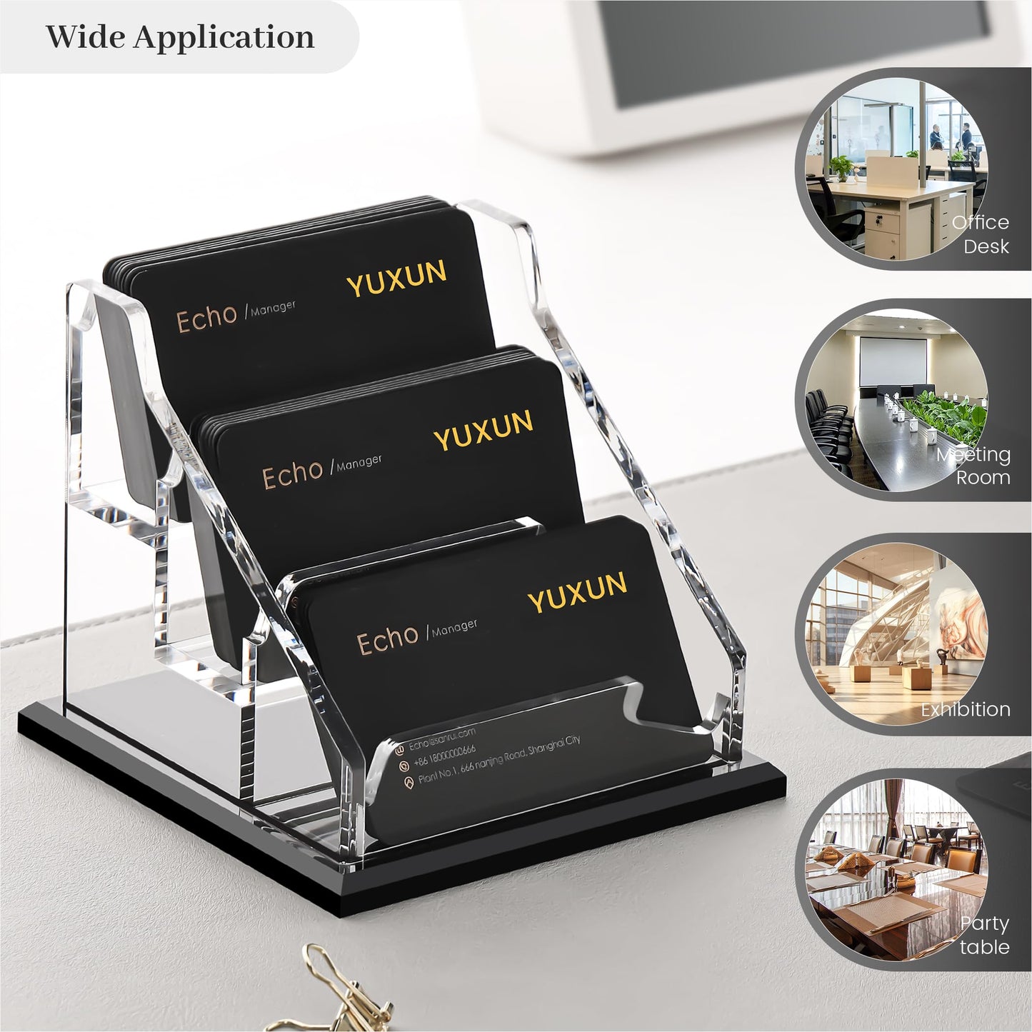 YUXUN Black Business Card Holder for Desk-3 Tier 3 Slot, Acrylic Business Card Holder for Women Men, 100+ Business Cards Display Stand, Multiple Business Card Display for Exhibition, Home, Office