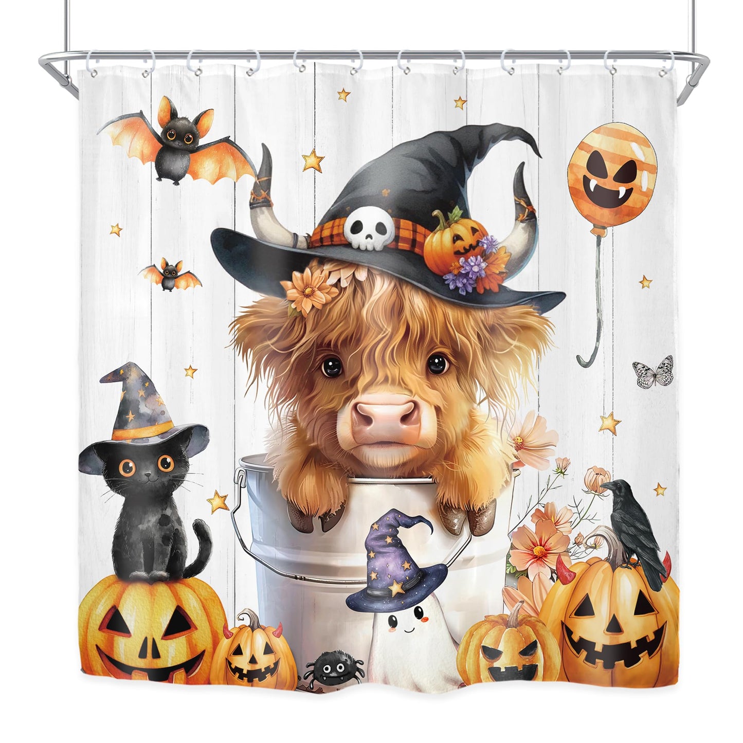 Riyidecor Halloween Highland Cow Pumpkin Autumn Fall Shower Curtain for Bathroom Decor 72Wx72H Funny Cute Cat Bat Ghost Floral Cool Art Printed Fabric Polyester Waterproof 12 Pack Plastic Hooks