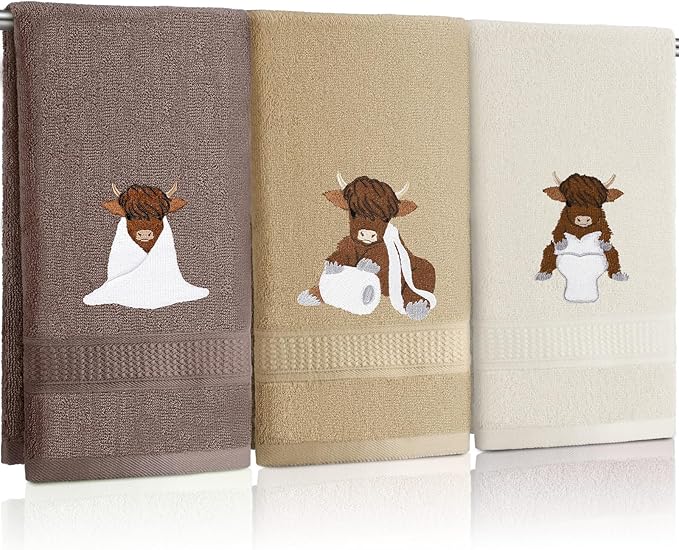 3 Pcs Highland Cow Hand Towels Embroidered Cow Farmhouse Decorative Bath Towels