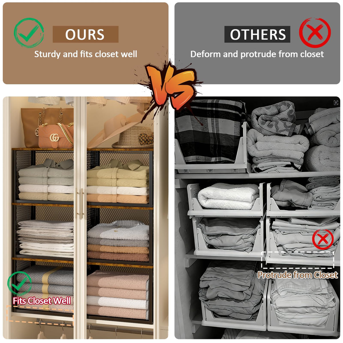 3 Pack Stackable Closet Organizers and Storage Basket, Closet Shelves with Wood Top Extra Storage, Multifunctional Clothes Organizer Bins/Cube Storage Drawer for Wardrobe Kitchen Laundry Room, Black