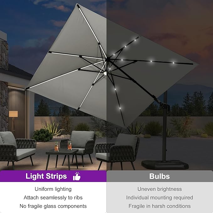 PURPLE LEAF 10 Feet Patio Umbrella with Base Outdoor Cantilever Solar Powered LED Swivel Square Umbrella Aluminum Offset Umbrella with 360-degree Rotation for Garden Deck Pool Patio White