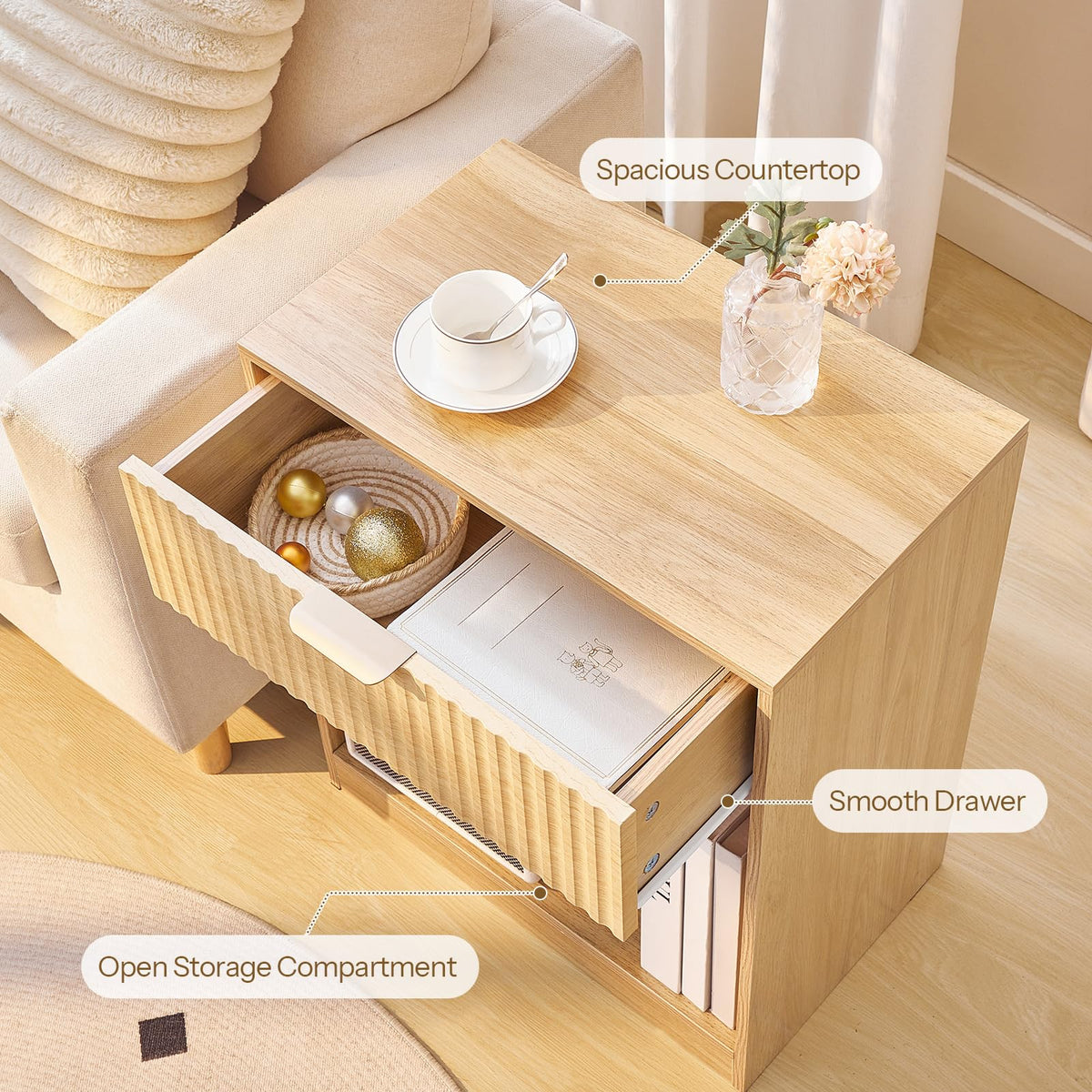 HOOBRO Fluted Nightstand, Modern Bedside Table with 1 Drawer and 1 Open Compartment, Wooden End Table with Metal Handle, for Bedroom and Office, Natural NL208BZ01