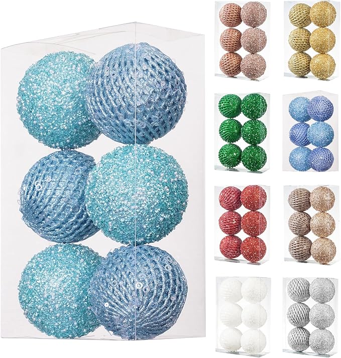 6pcs 3.94" Christmas Ball Ornaments Glitter Shatterproof Christmas Tree Ornaments Sequin Xmas Hanging Balls Decorations for Wedding Party Holiday(Light Blue)