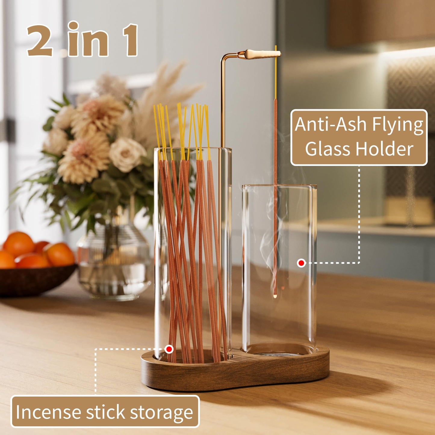MKLZ 2 in 1 Incense Holder for Sticks with Glass Ash Catcher, Anti-Ash Flying Upside Down Insence Stick Burner, Modern Vertical Inscents-Sticks Holder for Yoga Spa Meditation Home Decor