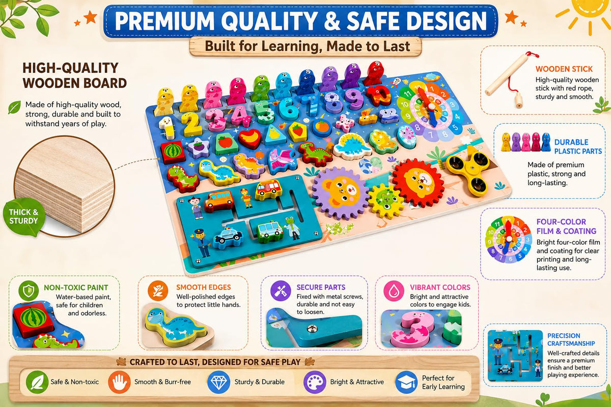 Funiso Montessori Wooden Busy Board Toys for 3+ Boys & Girls, Educational Learning Toy, Number Puzzle Board with Counting, Shapes & Magnetic Fishing Game, Preschool Toy Gift for Toddlers Kids.