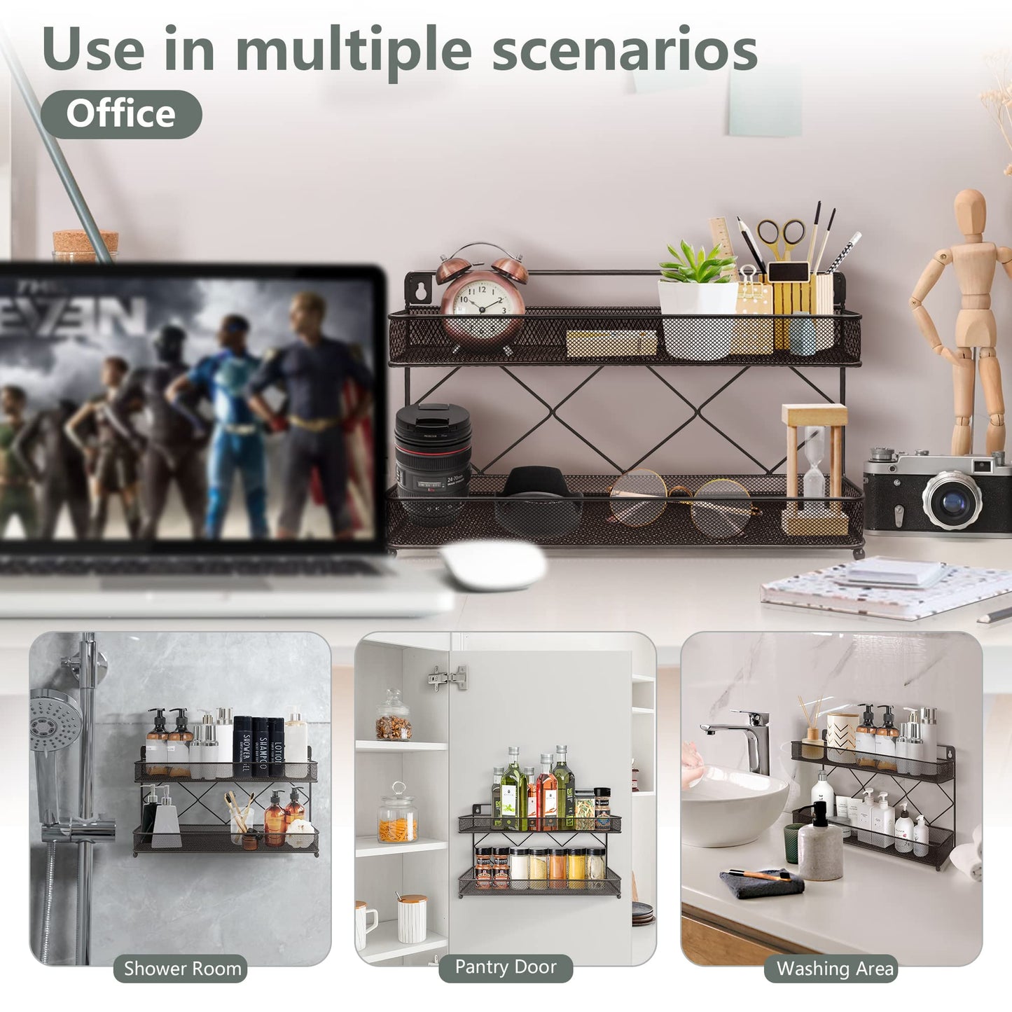 Megier 2 Tier Metal Kitchen Counter-top or Wall Mount Spice Rack, Jars Storage Organizer, Cabinet Holder, spice seasoning organizer for Partry (Bronze)