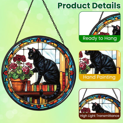 Riletese Stained Glass Window Hanging, Black Cat Themed Stained Glass Suncatcher, Window Decor, Black Cat Design Decorative Gift for Women, Couples, Best Friend, Family, Colleague, Classmate 7.8 Inch