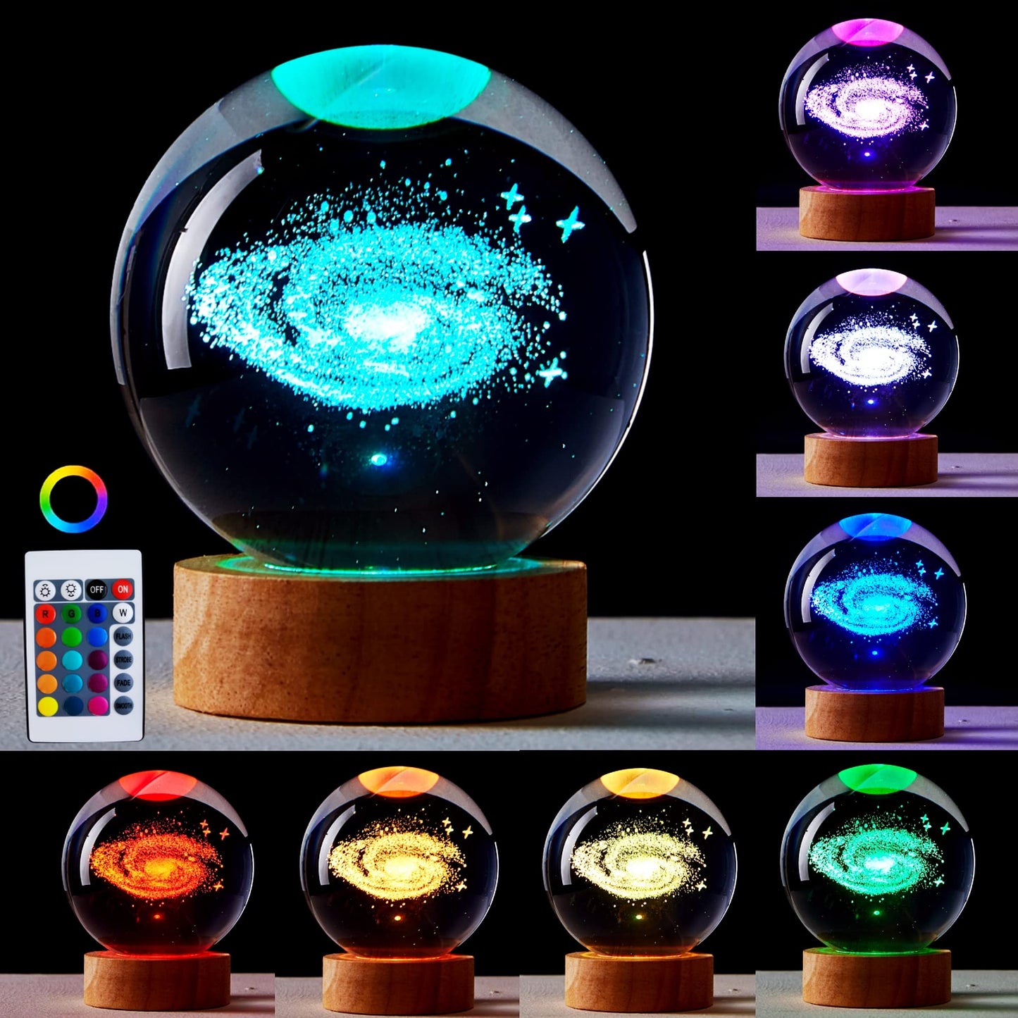 3.15 inch Galaxy Crystal Ball lamp,3D Solar System Crystal Ball Night Light with Wooden Base,16 Colors Change with Remote Control,Clear Glass Planet Light,Birthday Gift for Friends (Galaxy)