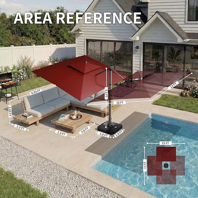 10 X 13 FT Cantilever Patio Umbrella with LED Lights Outdoor Heavy Duty Double Top Windproof Rectangle Offset Umbrellas with 360-degree Rotation for Pool Deck Backyard, Wine Red