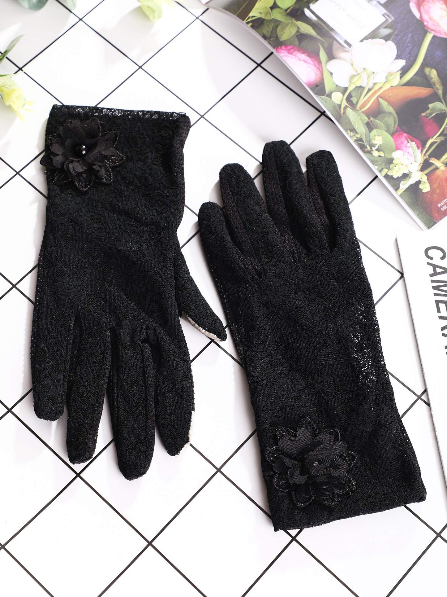 SATINIOR Lace Gloves Women Short Fingerless Floral Gloves for Tea Party Wedding Halloween(Floral,Black)
