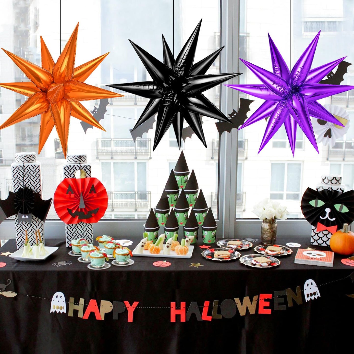 Purple and Black Orange Star Balloons, 72PCS Large 26 Inch Halloween Foil Balloon, Metallic Cone Mylar Spike Balloons Firework Balloon for Halloween Xmas Birthday Photo Props