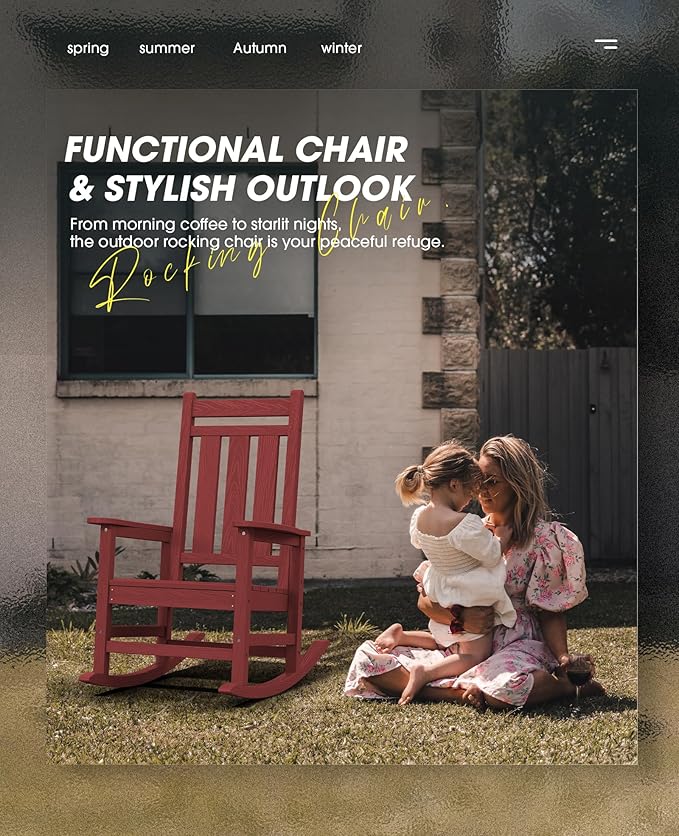 KINGYES Oversized Outdoor Rocking Chair Set of 4, All-Weather Patio Rocking Chairs for Porch, HDPE Outdoor Patio Rockers with High Back & Wide Seat for Garden, Lawn, Red