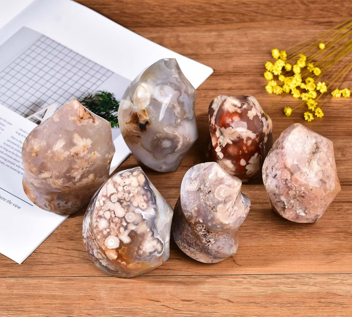 AMOYSTONE Cherry Blossom Agate Flame Shaped Stone Towers Obelisk Flower Agate Natural Healing Crystal Quartz Reiki Energy Decoration Home Office 1.0-1.5LBS