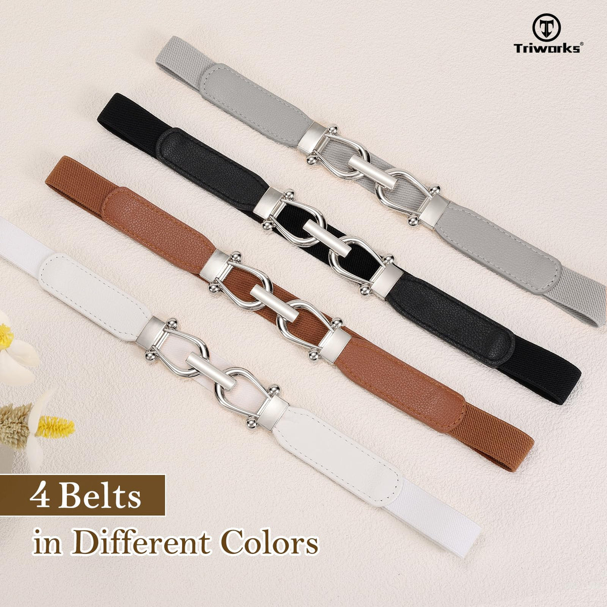 TRIWORKS 4 Pack Skinny Elastic Belts for Women Silver Buckle Thin Stretchy Waist Belts for Dresses