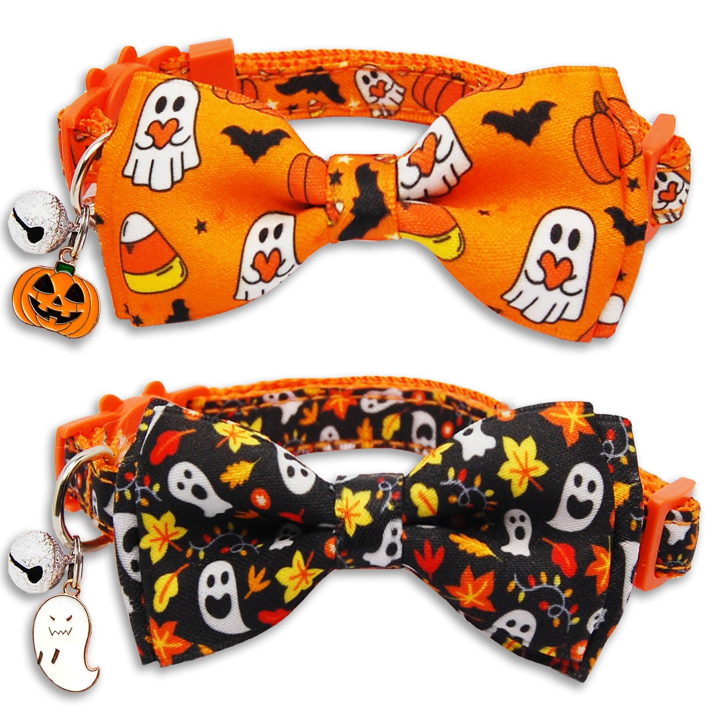 Halloween Cat Collar Set, 2 Pack Holiday Spooky Ghost & Pumpkin Adjustable Collars with Bow Tie & Bells, Safety Breakaway Buckle for Boys and Girls Kitties Kittens