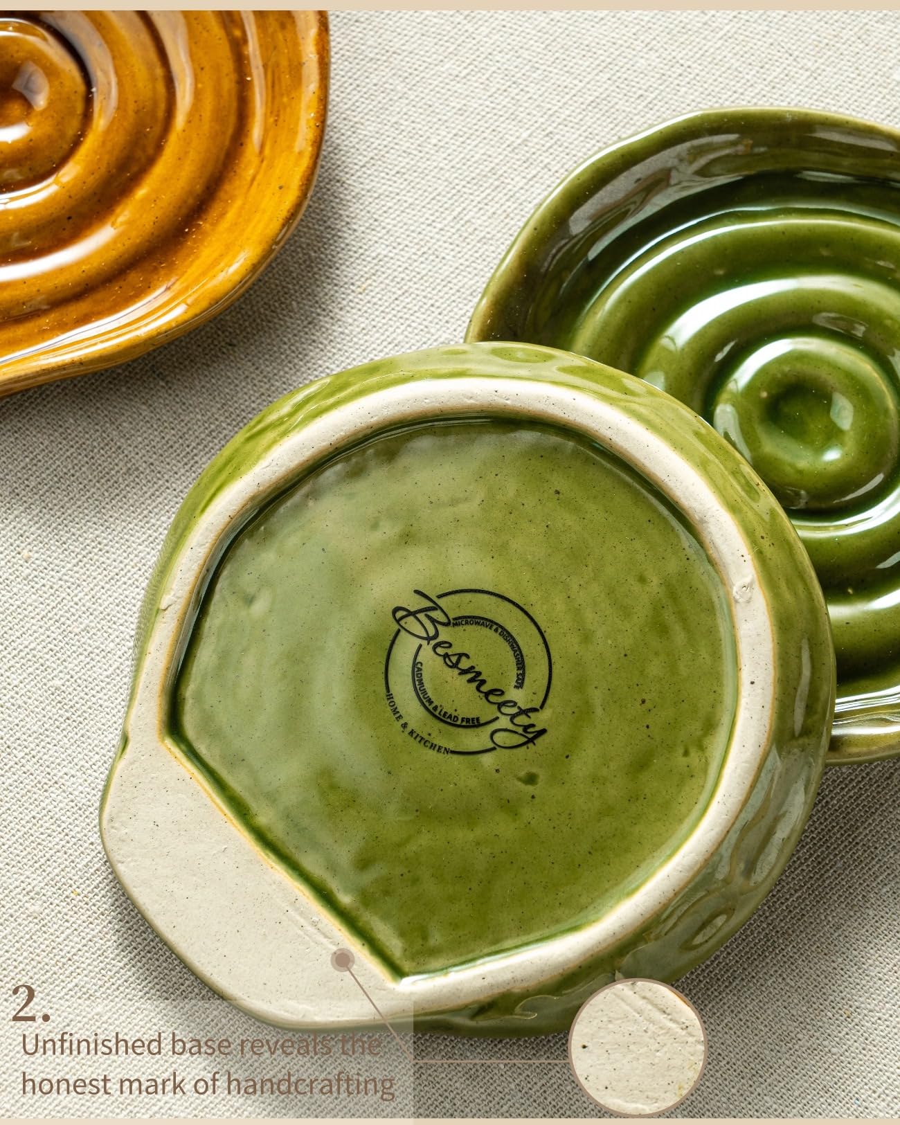Besmeety Ceramic Spoon Rest for Stove Top, Spoon Holder for Kitchen Counter, Spatula Rest, Farmhouse Utensil Holder (Kiln Green)