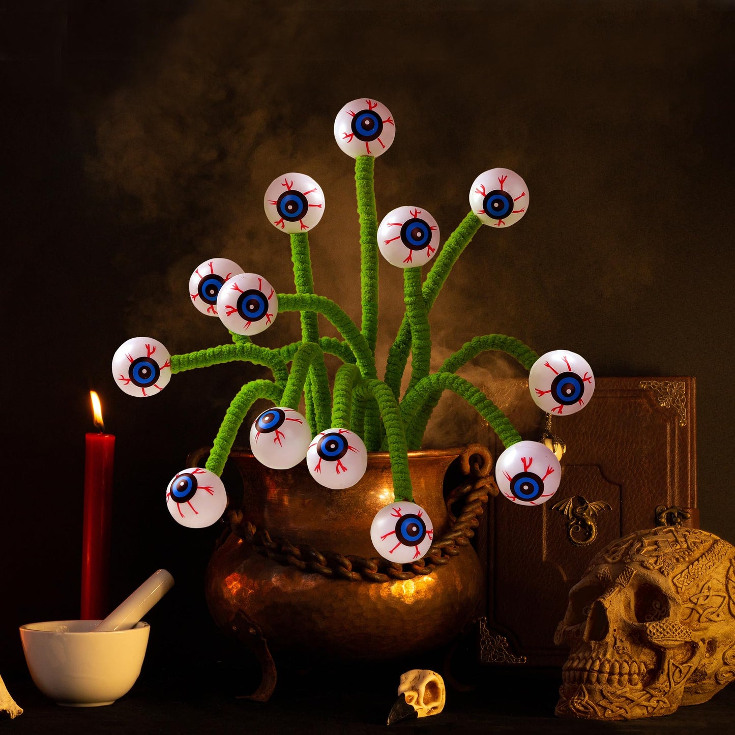 Sggvecsy 15 Pcs Artificial Halloween Eyeball Picks Faux Stem Floral Branches Green Decorative for Flower Arrangemant Table Centerpiece Halloween DIY Crafts Festival Home Decoration