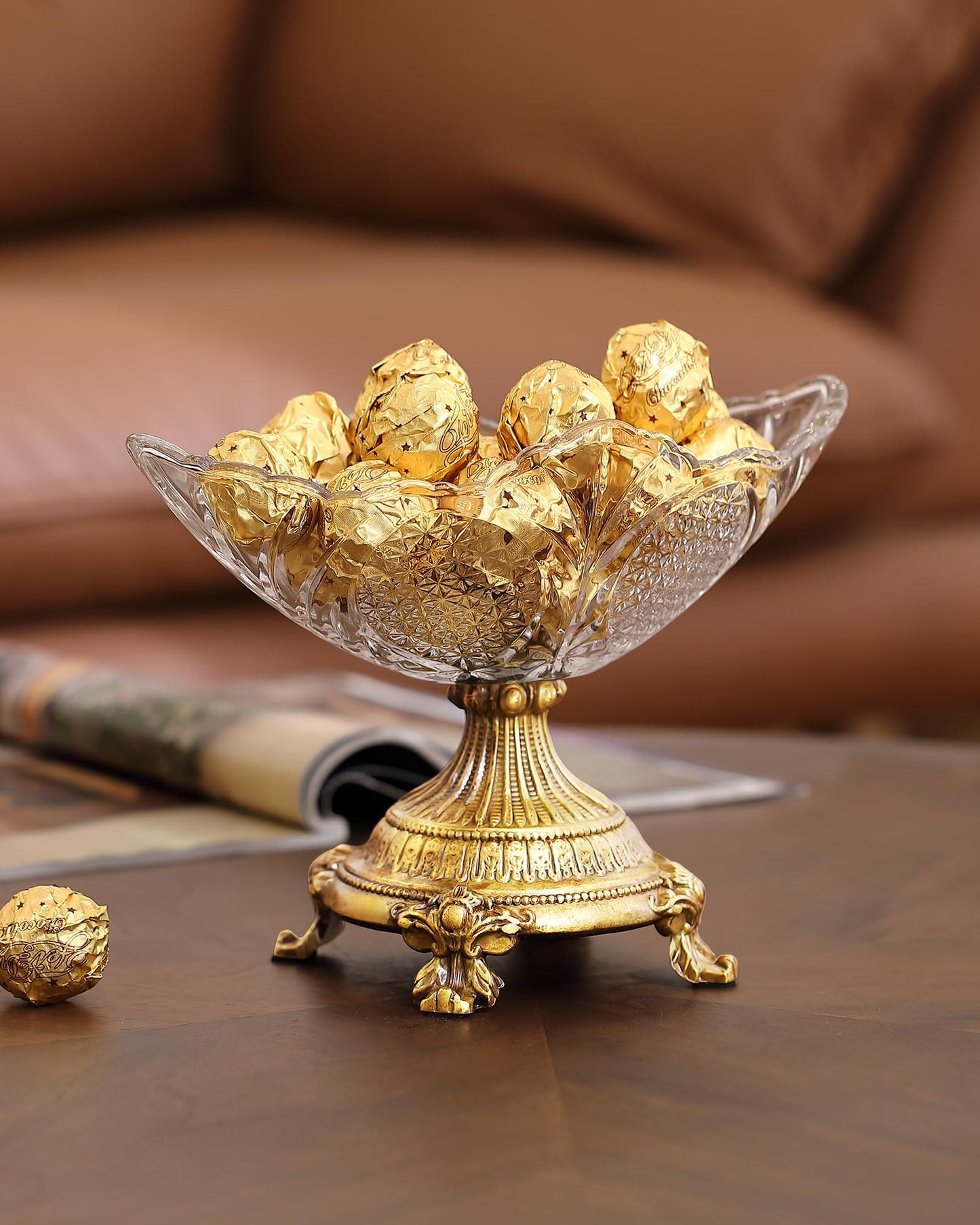 gloriousliving Small Glass Fruit Bowl，8" Decorative Bowl,Decorative Glass Bowl with Gold Pedestal, Kitchen Counter Fruit Bowls for Fruit Vegetable Candy and Key
